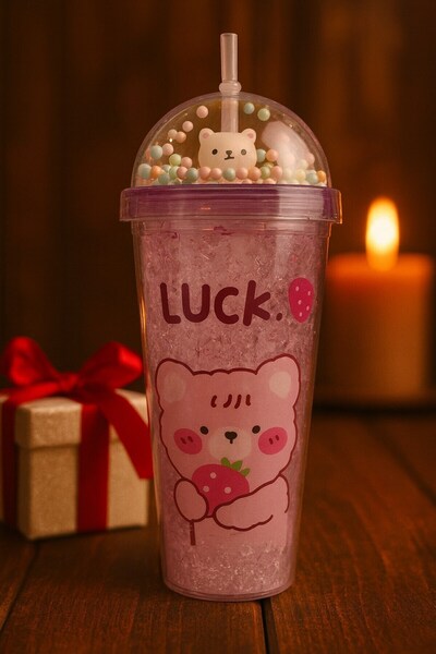 Lexi Bella Cute Colorful Beaded Luck Bear Designed Drinking Cup with Straw for Children Water Bottle Purple 2093