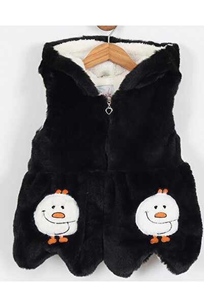 Ege Bebek Girl's 3-4-5-6-7 Years Old Cute Figure Embroidered Hooded Zippered Plush Girl's Vest