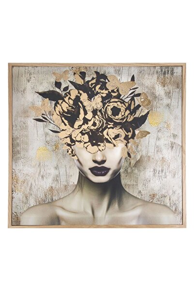 OEM Tablou in Ulei Femeie cu Flori & Fluturi Folie Negra Aurie 60x60x2,5cm