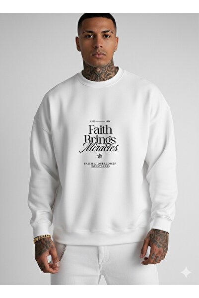 LORVEX Imprimeu Faith Brings Miracles, unisex, supradimensionat, cu gât rotun...