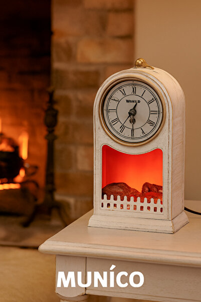 Munico LED Işıklı Saatli Şömine 27x15 cm Kompakt Tasarım, Sert Plastik Gövde ...