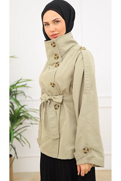 Genel Markalar Kadın Kuşaklı Düğmeli Kısa Trençkot | Yüksek Yaka Biker Tarz Rüzgarlık Model Trençkot Ceket