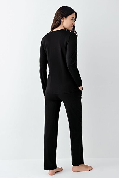 Pierre Cardin Büyük Beden Kadın V Yaka Modal Pamuklu 4 Mevsim Kumaş Uzun Kollu Pijama Takım