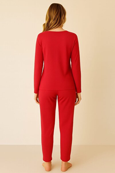 enmodaiçgiyim Red Striped Women's Pajama Set – Long Sleeve, Comfortable Fit, Soft Fabric, Stretchy