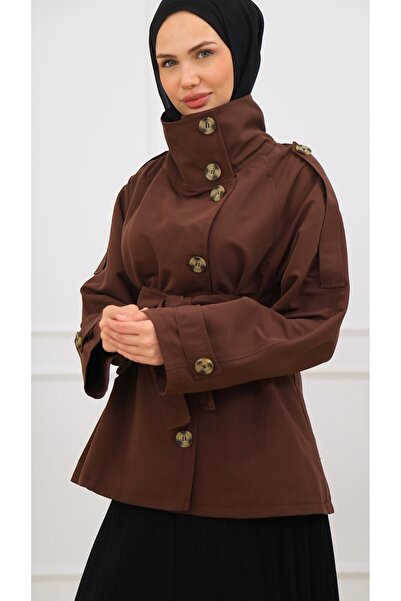 Genel Markalar Kadın Kuşaklı Düğmeli Kısa Trençkot | Yüksek Yaka Biker Tarz Rüzgarlık Model Trençkot Ceket