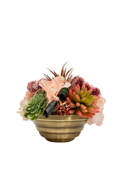 Lara Decor Pembe Çiçekli Eskitme Kaseli Aranjman