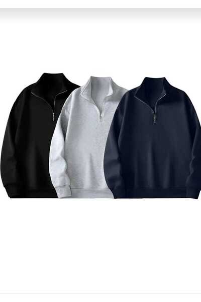 blackbonds 3 LU Dik Yakalı Fermuarlı Oversize Unisex Sweatshirt 2iplik şardonlu