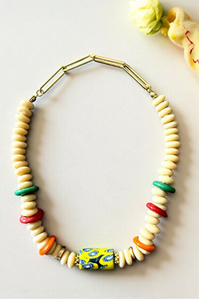 Pinty Design El Yapımı Etnik Kolye | Bej African Boncuk & Sarı Seramik | Otan...