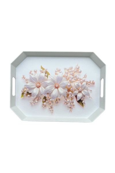 EZMK EV GEREÇLERİ Tea Coffee Presentation Tray, White Color, 8 Corners, 1 Piece, 37X27 cm