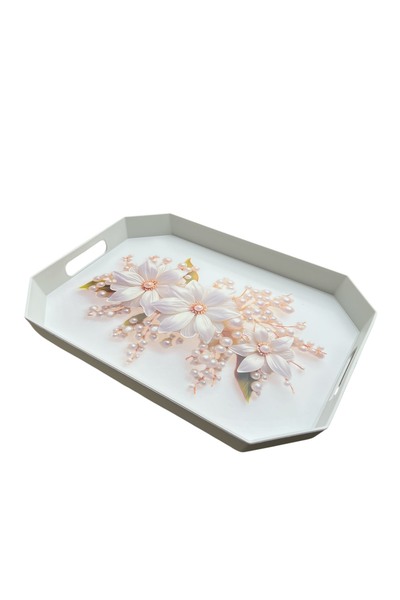 EZMK EV GEREÇLERİ Tea Coffee Presentation Tray, White Color, 8 Corners, 1 Piece, 37X27 cm