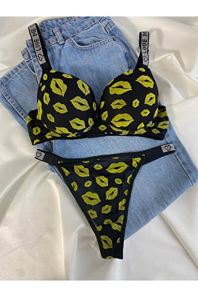 Gold Night Women's Kiss Print Rhinestone Underwire Padded Push up Bra Set Lin...