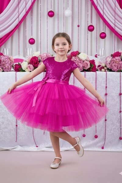 ABİYEKİDS Payetli Katkat Fuşya Çocuk Abiye Gösteri Parti Elbisesi 23nisan Elb...