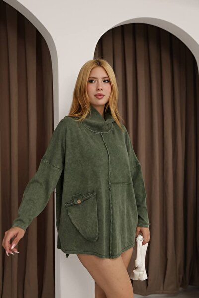 AYASOFYA OTANTIK Γυναικείο πουλόβερ με μισό ζιβάγκο χακί με τσέπες, αντίκες λεπτομέρειες, χαλαρό, υπερμεγέθη, βαμβακερό πλεκτό πουλόβερ