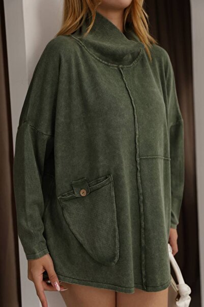 AYASOFYA OTANTIK Γυναικείο πουλόβερ με μισό ζιβάγκο χακί με τσέπες, αντίκες λεπτομέρειες, χαλαρό, υπερμεγέθη, βαμβακερό πλεκτό πουλόβερ