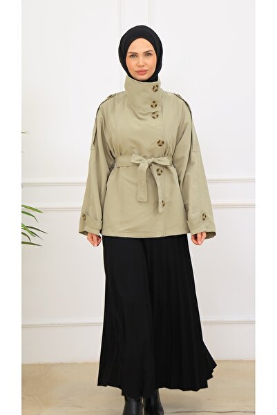 Genel Markalar Kadın Kuşaklı Düğmeli Kısa Trençkot | Yüksek Yaka Biker Tarz Rüzgarlık Model Trençkot Ceket