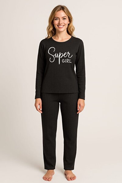 enmodaiçgiyim Anthracite Striped Women's Pajama Set – Long Sleeves, Comfortable Fit, Soft Fabric, Stretchy