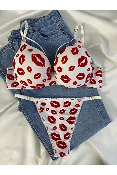 Gold Night Women's Kiss Print Drawstring Underwire Padded Push up Bra Set Lin...