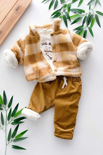Mamman's Kışlık, Peluş Montlu 3'lü Kalın Kadife Pantolonlu, Ceketli Welsoft Erkek Bebek Takımı