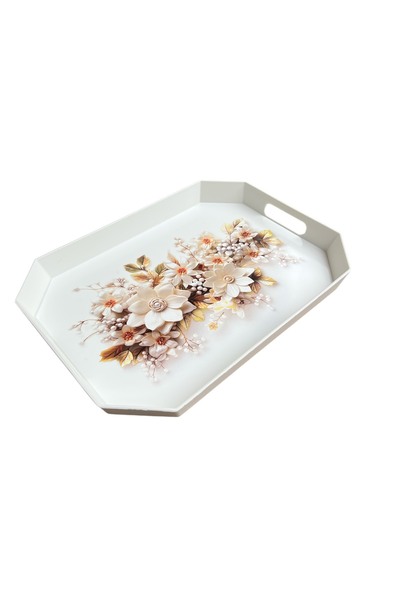 EZMK EV GEREÇLERİ Tea Coffee Presentation Tray, White Color, 8 Corners, 1 Piece, 37X27 cm