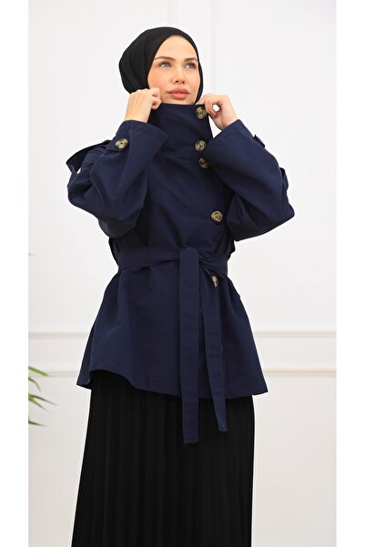 VENT GİYİM Women's Belted Buttoned Short Trench Coat |   High Collar Biker Style Windbreaker Model Trench Coat Jacket