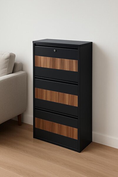 KARLI 3 LÜ AHŞAP DESENLİ METAL AYAKKABILIK HOME