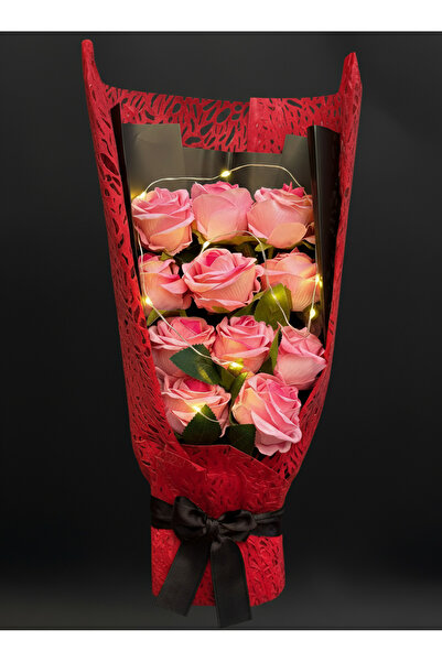 lenostra Işıklı Çiçek Buketi - Pembe Gül Buketi Işıklı - Sevgiliye Hediye - Anneye Hediye - Ablaya Hediye