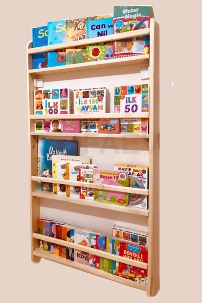 Faev Ahşap Montessori Kitaplık Rafı 4 Bölmeli 120x60x9 cm Duvara Monte Eğitic...
