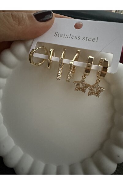 Bijouzel Yıldız Model Taşlı Halka Küpe Seti - Paslanmaz Çelik, Gold