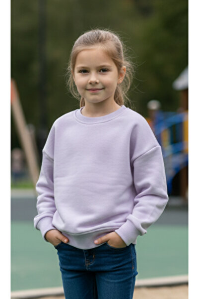 Kız Çocukları İçin 3 iplik Kumaş Lila Rengi Sweatshirt %100 Pamuk