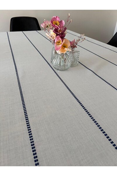 homease Nakışlı Gardenya Kumaş Çizgi Desen Masa Örtüsü | Misafirlik & Çeyizlik