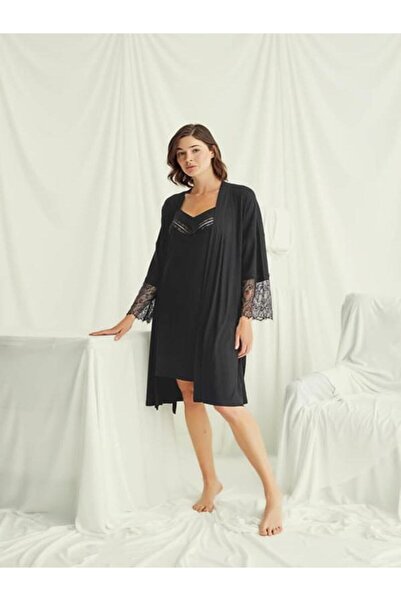 MONAMİSE , Women'S, Black, 94% Viscose 6% Elastane, Low-Cut Neckline and Lace Sleeves Robe Tk
