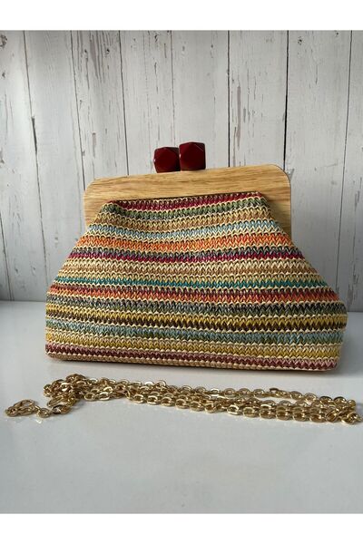 mk bags Çok Renkli Hasır Örgü Yazlık Ahşap Kapaklı Zincirli Omuz Clutch Çantası