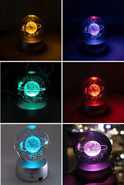 Zemtigo Kutulu Renk Değiştiren Led Işıklı Cam Satürn Kız Küre Ay Lamba Kristal Pembe Zirkon Taşlı Kalp Kolye