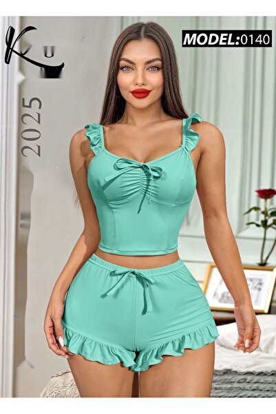Nice Model Soft Stretch Fabric Lingerie Set Ruffle Straps Crop Top & Shorts Elastic Waist Women Nightwear