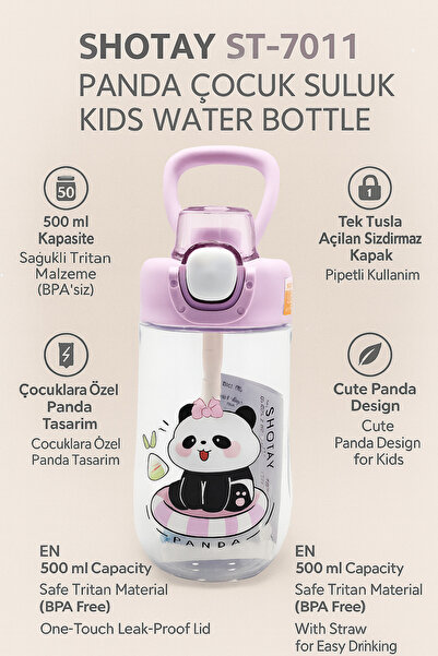 ORVO Tritan Çocuk Pipetli Suluk – 500 ml, Kilitli Kapaklı, Askılı, Panda Desenli – Mor – ST-7011