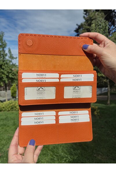 Norvi Leather Saraciye Stitched Genuine Leather Wallet with Phone Compartment Orange 1052