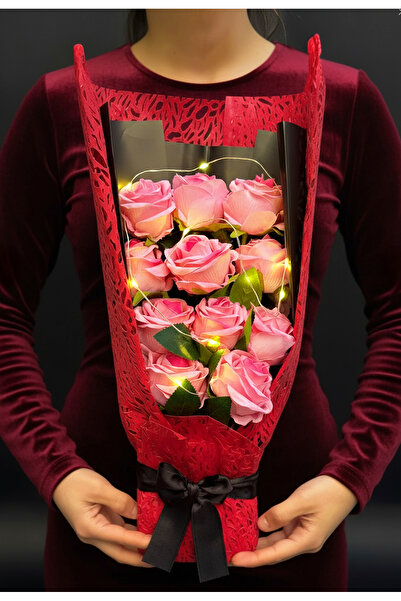 lenostra Işıklı Çiçek Buketi - Pembe Gül Buketi Işıklı - Sevgiliye Hediye - Anneye Hediye - Ablaya Hediye