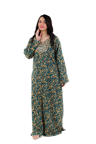 amaan Women's Luxury Long-Sleeve Cotton Jalabiya Gold Embroidered Modest Dress for Festive & Home Wear