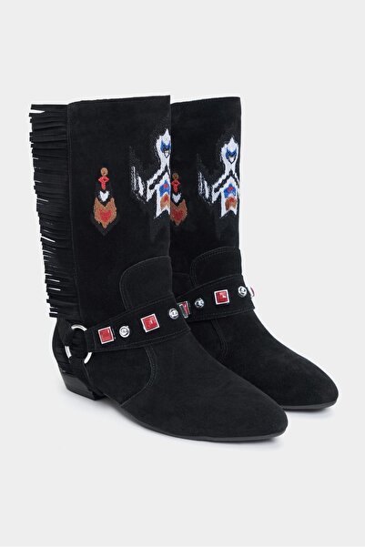 NİŞANTAŞI SHOES Derek Siyah Süet Hakiki Deri Nakış Püskül Detay Düz Taban Kadın Bot