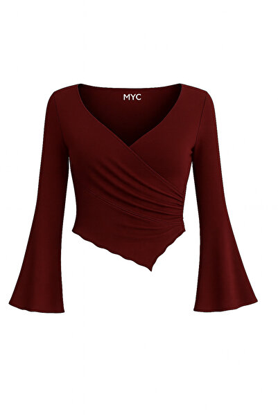 MYCPARL Bordo İspanyol Kol Asimetrik Kesim V Yaka Drapeli Bahar Sonbahar Bluz
