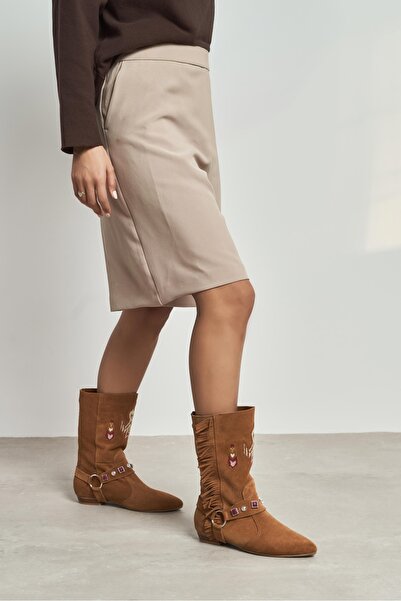 NİŞANTAŞI SHOES Γυναικείες μπότες Derek Taba Suede από γνήσιο δέρμα με κέντημα με φούντα με λεπτομέρεια επίπεδη σόλα