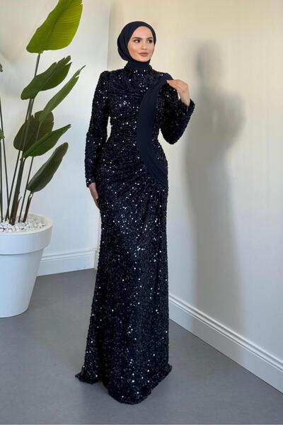 MERVEN AKYÜZ Felina Önden Drape Balık Abiye Lacivert