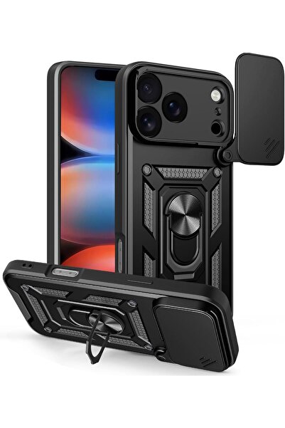 Rivor Apple iPhone 17 Pro Uyumlu Kılıf Kamera Sürgülü Standlı Yüzüklü Darbe E...