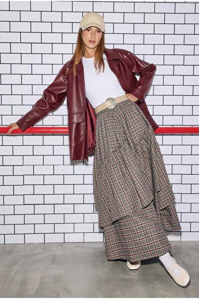 HEQA Plaid Bohemian Skirt Burgundy