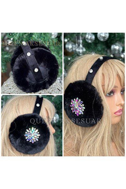QUEEN AKSESUAR سماعات أذن فاخرة من القطيفة المزخرفة بالزهور وقابلة للطي وواقية من الثلج باللون الأسود