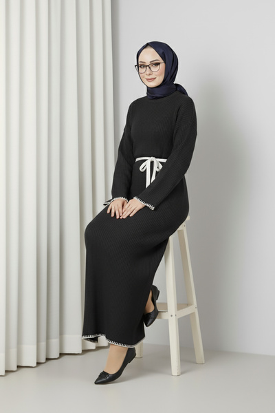 MODAQU Ribbed Belted Knit Dress - Smoked