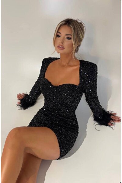 Butik Şenel Kolları tüy detaylı astarlı pul payet mini elbise