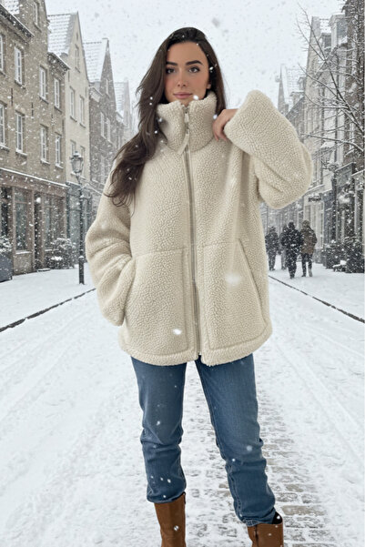 ALFUDO Moda Collection Beige Women's Plush Coat with Stand Collar Pockets