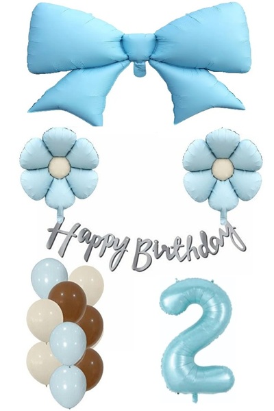 DÜVENCİ TİCARET Mavi renk fiyonk papatya folyo balonlu doğum günü yaş balon set