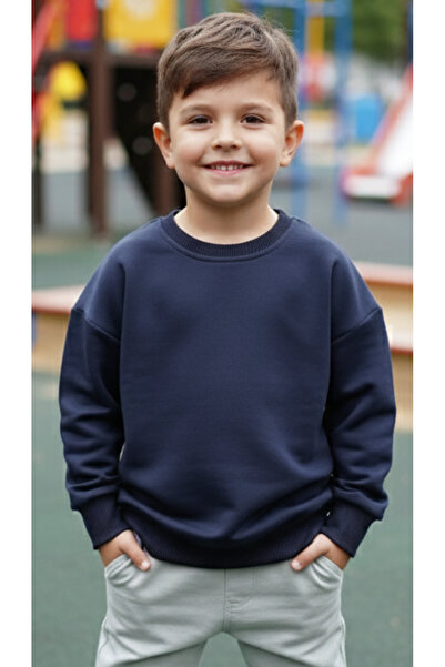 Erkek ve Kız Çocukları İçin 3 iplik Kumaş Lacivert Renkli Sweatshirt %100 Pamuk Unisex
